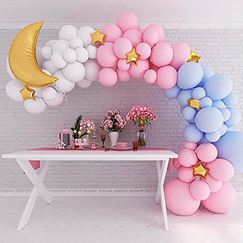 Gender Reveal Decorations Pastel Balloon Garland Arch Kits, 117PCS Blue And Pink White Gold Foil moon with twinkle twinkle little Star Gender Reveal Diy Baby Shower Balloons Party Supplies