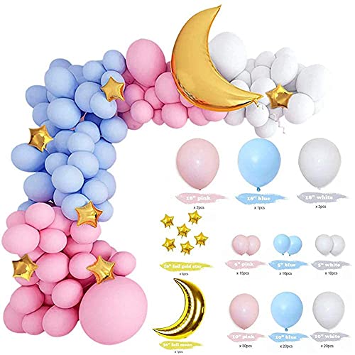 Gender Reveal Decorations Pastel Balloon Garland Arch Kits, 117PCS Blue And Pink White Gold Foil moon with twinkle twinkle little Star Gender Reveal Diy Baby Shower Balloons Party Supplies