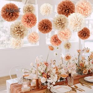 AOBKIAT Weddings Decorations, 16 PCS Earth Tone Brown Tissue Paper Pom Poms for Fall Decor, Halloween, Rustic Wedding, Baby Shower, Birthday, Thanksgiving