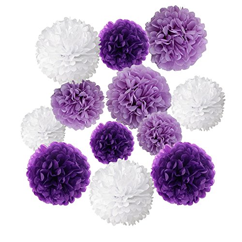 Wartoon Tissue Paper Pom Poms Flowers for Wedding Birthday Party Baby Shower Decoration, 12 Pieces (Purple, Lavender and White)