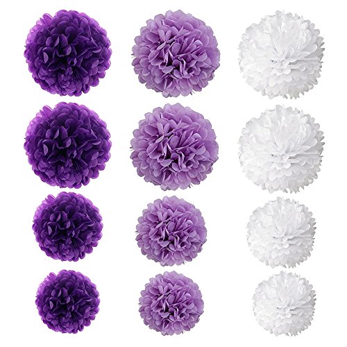 Wartoon Tissue Paper Pom Poms Flowers for Wedding Birthday Party Baby Shower Decoration, 12 Pieces (Purple, Lavender and White)