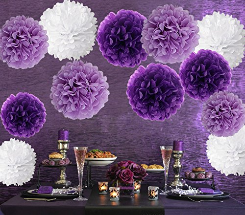 Wartoon Tissue Paper Pom Poms Flowers for Wedding Birthday Party Baby Shower Decoration, 12 Pieces (Purple, Lavender and White)