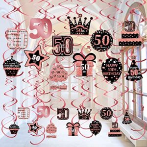 pimvimcim 50th birthday hanging swirls decorations for women, 36pcs happy 50 year old birthday swirls supplies, rose gold fifty birthday party hanging swirl décor