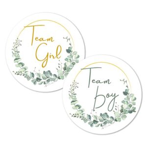 greenery gender reveal stickers, 2 inch green leaves team girl boy baby shower party favor 40-pack