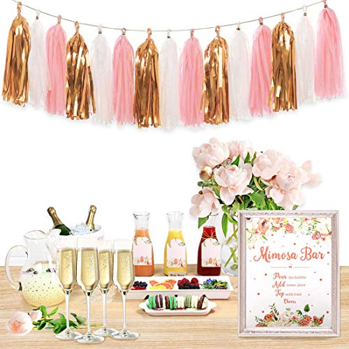 Aonor Rose Gold Mimosa Bar Bridal Shower Decorations Supplies – Glittery But First Mimosas Banner and Tissue Paper Tassels Garland for Wedding Baby Shower Party Bar Sign Decorations