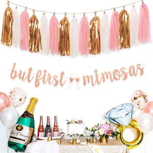 Aonor Rose Gold Mimosa Bar Bridal Shower Decorations Supplies – Glittery But First Mimosas Banner and Tissue Paper Tassels Garland for Wedding Baby Shower Party Bar Sign Decorations