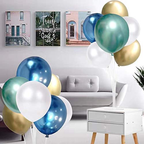 Blue and Gold Metallic Chrome Latex Balloons, 50pcs 12 Inch Green Metallic Balloons White Latex Party Balloons for Bridal Shower Wedding Birthday Graduation Valentine’s Day Party Decoration