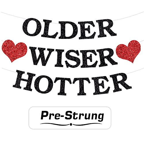 PALASASA Older Wiser Hotter Banner - Funny 30th 40th 50h 60th 70th 80th Birthday Party Decorations, Black Red Glitter Photobooth Decorations Backdrop