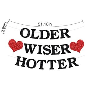 PALASASA Older Wiser Hotter Banner - Funny 30th 40th 50h 60th 70th 80th Birthday Party Decorations, Black Red Glitter Photobooth Decorations Backdrop