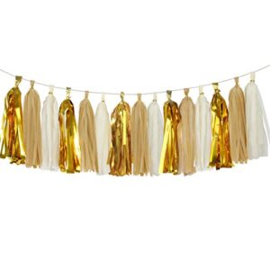aonor shiny tassel garland tissue paper tassels banner decoration for birthday party, bridal shower, table decor, metallic gold+tan+ivory, 15 pcs