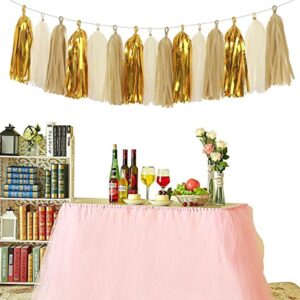 Aonor Shiny Tassel Garland Tissue Paper Tassels Banner Decoration for Birthday Party, Bridal Shower, Table Decor, Metallic Gold+Tan+Ivory, 15 pcs