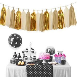 Aonor Shiny Tassel Garland Tissue Paper Tassels Banner Decoration for Birthday Party, Bridal Shower, Table Decor, Metallic Gold+Tan+Ivory, 15 pcs