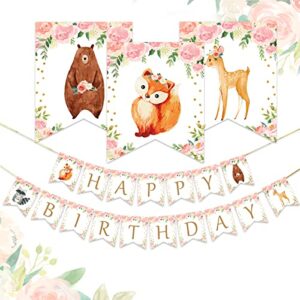 woodland happy birthday banner-forest animal creatures bunting banner garland for girls woodland birthday party decorations