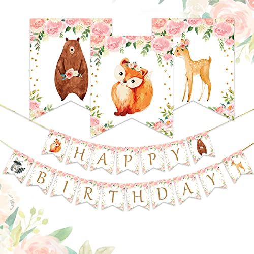 Woodland Happy Birthday Banner-Forest Animal Creatures Bunting Banner Garland for Girls Woodland Birthday Party Decorations