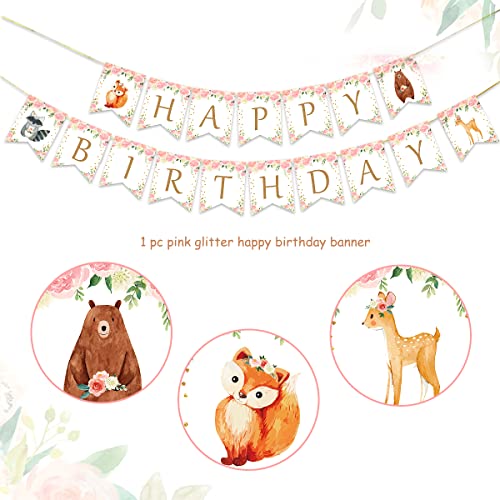 Woodland Happy Birthday Banner-Forest Animal Creatures Bunting Banner Garland for Girls Woodland Birthday Party Decorations