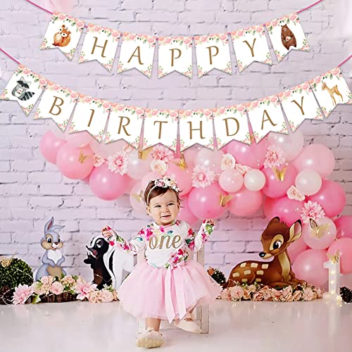 Woodland Happy Birthday Banner-Forest Animal Creatures Bunting Banner Garland for Girls Woodland Birthday Party Decorations