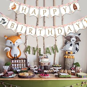 Woodland Happy Birthday Banner-Forest Animal Creatures Bunting Banner Garland for Girls Woodland Birthday Party Decorations