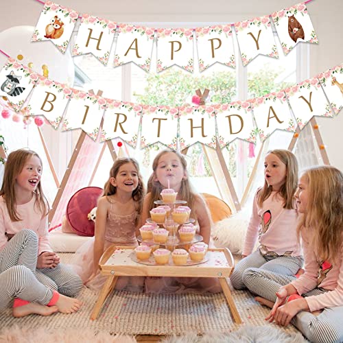 Woodland Happy Birthday Banner-Forest Animal Creatures Bunting Banner Garland for Girls Woodland Birthday Party Decorations