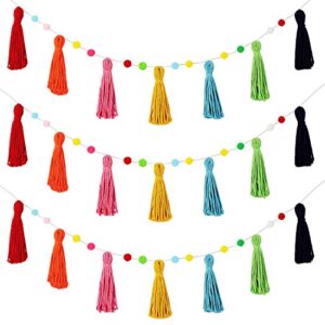 3 pieces colorful rainbow tassel garland pom pom garland boho tassel garland classroom each 50 inch colorful tassel garland banner decorative wall for baby kids shower christmas decor (bright colors)