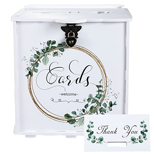 Wedding Card Box Elegant White Wooden Wedding Card Box with Lock for Wedding Reception Anniversary Graduation Birthday Parties Baby Shower Large Card Holder, 9.9 x 9.8 x 8.5 Inches