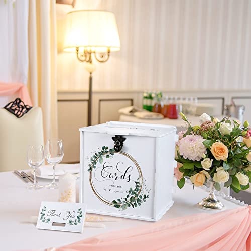 Wedding Card Box Elegant White Wooden Wedding Card Box with Lock for Wedding Reception Anniversary Graduation Birthday Parties Baby Shower Large Card Holder, 9.9 x 9.8 x 8.5 Inches