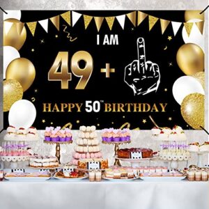 Funny 50th Birthday Decoration I Am 49+1 Banner Backdrop for Men Women, Black Gold 50 Birthday Banner Party Supplies, 50 Years Old Birthday Background Booth Props Decor for Outdoor Indoor