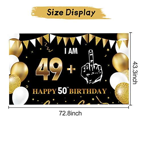 Funny 50th Birthday Decoration I Am 49+1 Banner Backdrop for Men Women, Black Gold 50 Birthday Banner Party Supplies, 50 Years Old Birthday Background Booth Props Decor for Outdoor Indoor