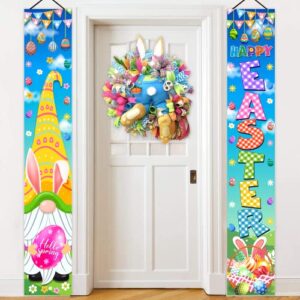 happy easter banner, 71″ x 12″ easter decorations porch sign easter door banner easter banners for outside gnome bunny party colorful eggs easter outside decorations easter party supplies