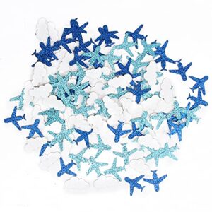 100pcs glitter cloud & airplane confetti, plane table confetti, baby shower party decor, boy birthday party decorations, clould paper scatter – blue & white