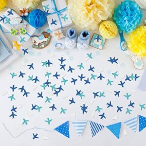 100pcs Glitter Cloud & Airplane Confetti, Plane Table Confetti, Baby Shower Party Decor, Boy Birthday Party Decorations, Clould Paper Scatter - Blue & White