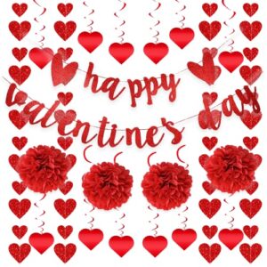 22Pcs Valentine's Day Decorations Set Pre-Assembled Hanging Heart Swirls Happy Valentine's Day Love Heart Garlands Banner for Home Classroom Office Wedding Party Anniversary (Red)