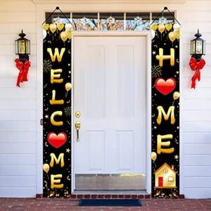 welcome home door banner decoration, black gold welcome back home porch banner for outdoor decor, military homecoming deployment returning party supplies