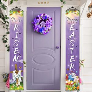 happy easter he is risen porch sign banner happy easter door banners easter party hanging banner decorations for home outdoor indoor wall front door decor, 2 pcs