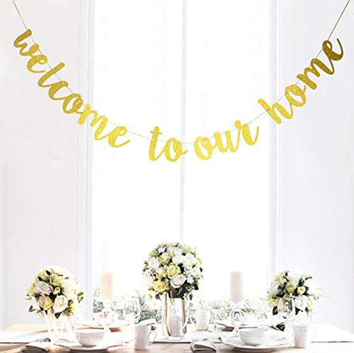 Starsgarden Glitter Gold Welcome to Our Home Banner for Housewarming Patriotic Military Decoration Family Party Supplies Cursive Bunting Photo Booth Props Sign(Gold Welcome Home)