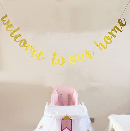 Starsgarden Glitter Gold Welcome to Our Home Banner for Housewarming Patriotic Military Decoration Family Party Supplies Cursive Bunting Photo Booth Props Sign(Gold Welcome Home)