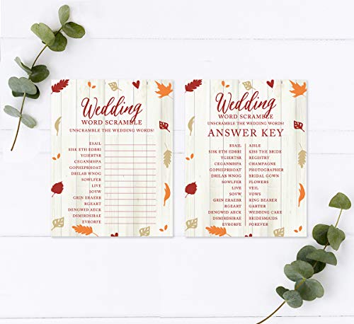 Andaz Press Fallin' in Love Autumn Fall Leaves Wedding Party Collection, Wedding Word Scramble Bridal Shower Game Cards, 20-Pack