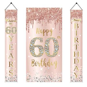 60th birthday door banner decorations for women, pink rose gold happy 60th birthday door cover & porch backdrop party supplies, large sixty year old birthday sign decor for outdoor indoor
