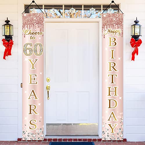 60th Birthday Door Banner Decorations for Women, Pink Rose Gold Happy 60th Birthday Door Cover & Porch Backdrop Party Supplies, Large Sixty Year Old Birthday Sign Decor for Outdoor Indoor