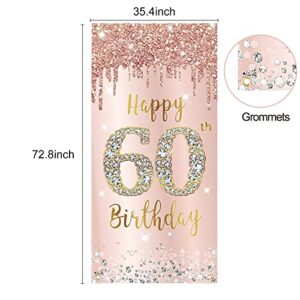 60th Birthday Door Banner Decorations for Women, Pink Rose Gold Happy 60th Birthday Door Cover & Porch Backdrop Party Supplies, Large Sixty Year Old Birthday Sign Decor for Outdoor Indoor