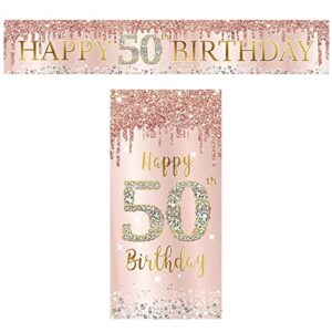 happy 50th birthday banner decorations for women, pink rose gold 50 birthday sign party supplies, large fifty year old birthday door cover banner decor