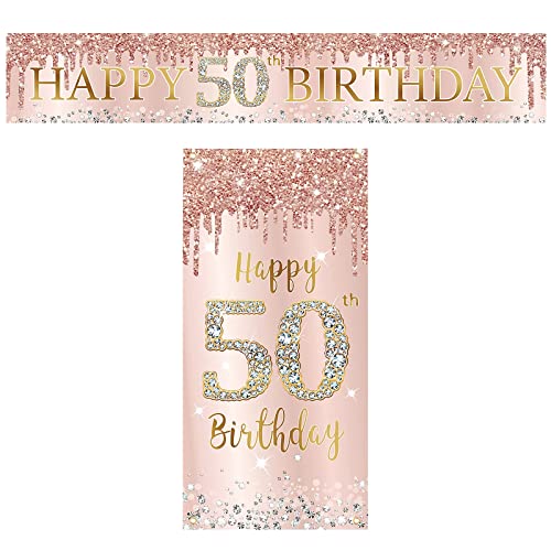 Happy 50th Birthday Banner Decorations for Women, Pink Rose Gold 50 Birthday Sign Party Supplies, Large Fifty Year Old Birthday Door Cover Banner Decor