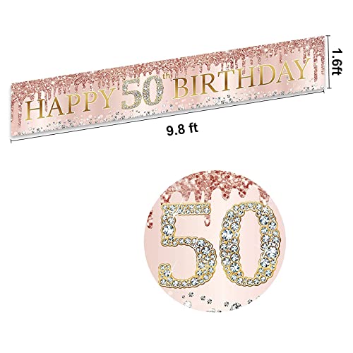 Happy 50th Birthday Banner Decorations for Women, Pink Rose Gold 50 Birthday Sign Party Supplies, Large Fifty Year Old Birthday Door Cover Banner Decor