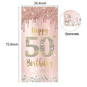 Happy 50th Birthday Banner Decorations for Women, Pink Rose Gold 50 Birthday Sign Party Supplies, Large Fifty Year Old Birthday Door Cover Banner Decor