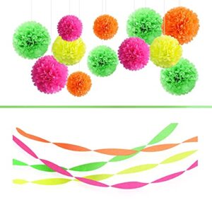 nicrolandee blacklight party decorations – 12pcs fluorescent neon uv reactive glow tissue paper pom poms & 4rolls glow crepe paper streamers for graduation, birthday, fiesta party, wedding, prom dance