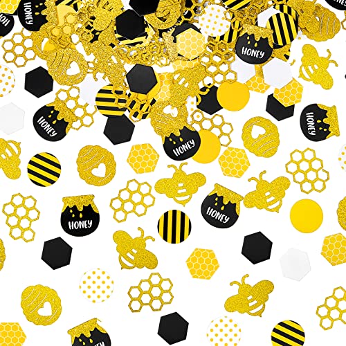 540 Pieces Bee Confetti Gold Glitter Bee Dot Stripes Confetti Yellow Black Circle Confetti Honeycomb Hexagon Confetti for Bee Themed Baby Shower Birthday Table Decoration