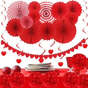 70pcs Valentines Day Red Hanging Paper Fans Decorations - Wedding Bachelorette Party Barbecue Birthday Party Holidays Picnic Circus Carnival New Years Valentines Day Party Photo Booth Backdrops Decorations