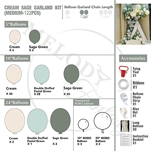 Balloon Garland Kit Double Stuffed Cream Sage Green Balloons Garland Arch Kit for Wedding Baby Shower Birthday Graduation Anniversary Party 5in 10in 20in 24in Balloons Kit Decorations