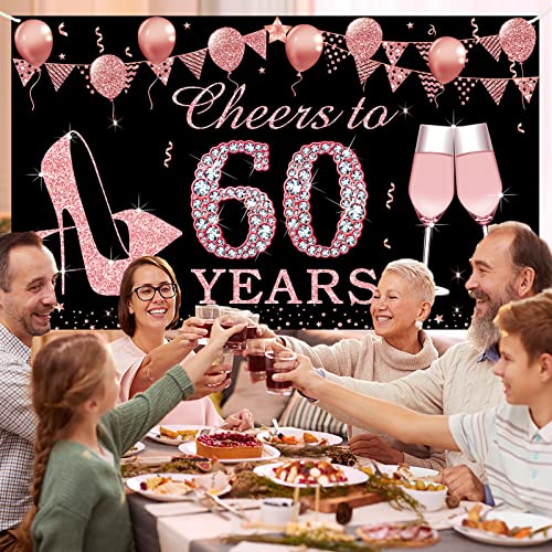 Kauayurk Birthday Decorations Cheers to 60 Years Banner, Rose Gold 60 Year Old Birthday Backdrop Party Supplies for Women, Large Fifty Birthday Poster Sign Decor