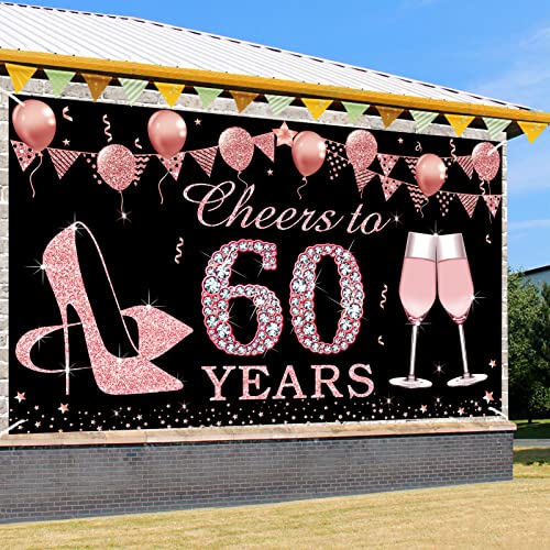 Kauayurk Birthday Decorations Cheers to 60 Years Banner, Rose Gold 60 Year Old Birthday Backdrop Party Supplies for Women, Large Fifty Birthday Poster Sign Decor