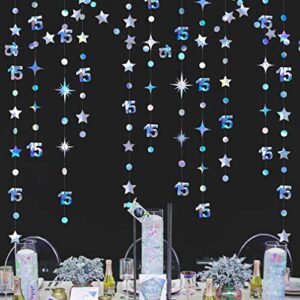 iridescent 15th birthday decorations number 15 circle dot twinkle star garland metallic hanging streamer banner backdrop for girls boys fifteen year old birthday 15th anniversary party decor supplies
